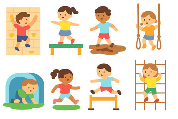 Children's Obstacle Icons. Flat vector mini-illustrations obstacle challenges in colors children's illustrations: wall climb,