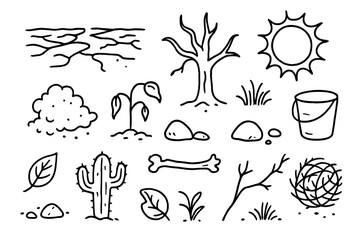 Drought and Hope Icons. Hand-drawn doodle illustration drought barrenness cracked soil, dry riverbed, dead tree, sun, dust cloud,