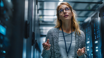 Professional female IT specialist in server room is alking with colleagues abot servers, technology, andnetwork systems. Hightech quipment, indicating a tecnologically advanced envirnment.