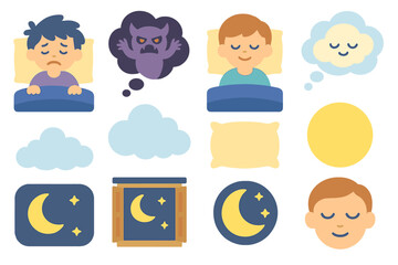 Dreamy Children's Icons. Flat vector mini-illustrations nightmare and dreams in colors children's illustrations: sleeping child,