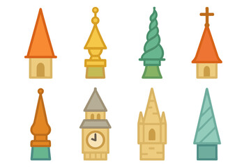 Colorful Architectural Spires. Flat vector mini-illustrations architectural spires in colors children's illustrations: pointed