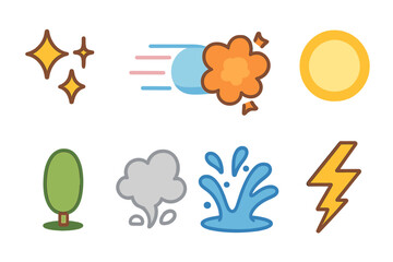 Colorful Animation Icons. Flat vector mini-illustrations animation effects in colors children's illustrations: sparkles, motion