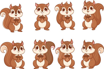 8Cute cartoon squirrels holding acorns with happy expressions, adorable woodland animal illustration perfect for children books, stickers, and autumn decoration