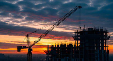 Urban Sunrise Crane Silhouetted Against a Building Construction Site at Dawn