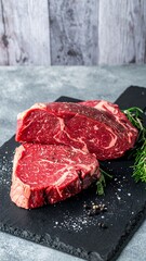 Fresh, raw steaks on a dark board