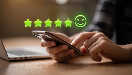 Person using a phone, glowing positive feedback icons overlay