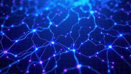 Abstract network of interconnected nodes with glowing lines on a dark blue background design concept