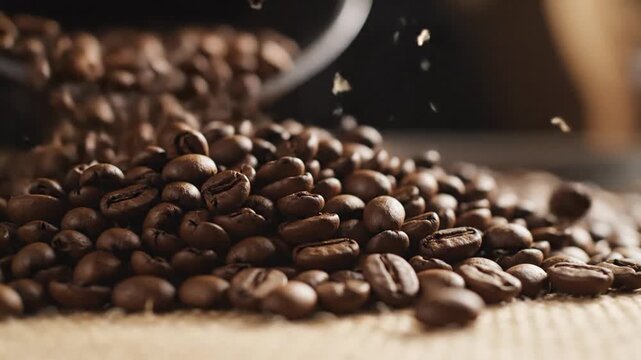 Pouring Brown Coffee Beans On Burlap Surface Displaying Aromatic Beverage Macro Shot And Textured Grain Richness Perfect For Menu Design Decoration Illustrating Journey From Bean To Cup
