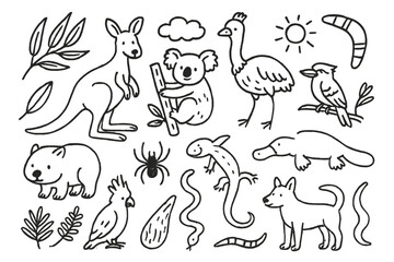 Obraz premium Australian and Kiwi Icons. Hand-drawn doodle illustration Australian wildlife kangaroo, koala, emu, kookaburra, platypus,