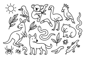Australian Wildlife Doodle. Hand-drawn doodle illustration Australian wildlife kangaroo, koala, emu, kookaburra, platypus,
