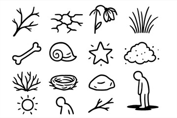 Barren Nature Symbols. Hand-drawn doodle illustration lifelessness barrenness dead branch, cracked earth, wilted flower, dry grass