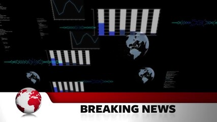Animation of breaking news text with digital globe, bar graphs, line charts and programming data - Powered by Adobe