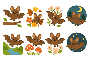 Obraz premium Bat Nature Illustrations. Flat vector mini-illustrations bats and nature in colors children's illustrations: bat on tree branch,
