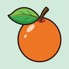 Cartoon Orange Fruit with Leaf and Stem on Pale Green Background
