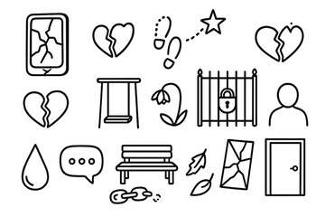 Broken Connections Icons. Hand-drawn doodle illustration distant connections cracked phone screen, fading footprints, broken heart