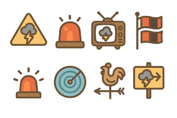 Colorful Storm Alerts. Flat vector mini-illustrations storm warning and alerts in colors children's illustrations: weather alert