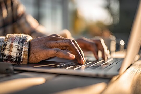 Close-up of hands typing on a laptop outdoors
