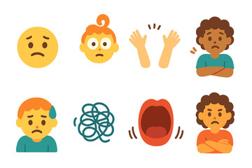 Naklejka premium Chaotic Emotions Icons. Flat vector mini-illustrations chaotic emotions in colors children's illustrations: confused face, wide