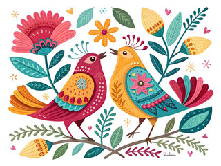 Colorful folk art birds with blooming flowers and green leaves on black background isolated on a transparent background