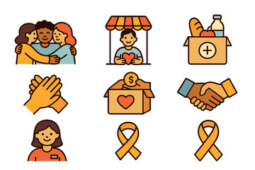 Fototapeta premium Community Support Icons. Flat vector mini-illustrations job loss community support in colors children's illustrations: group hug,