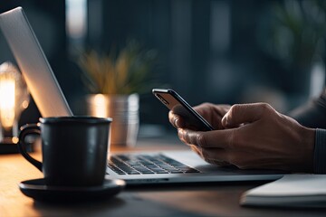 Close-up of hands using a smartphone while working on a laptop at night