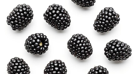 Fresh, ripe blackberries scattered on a clean white background, showcasing their dark, glossy texture.
