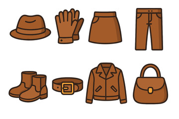 Children's Leather Fashion Icons. Flat vector mini-illustrations leather fashion in colors children's illustrations: leather hat,