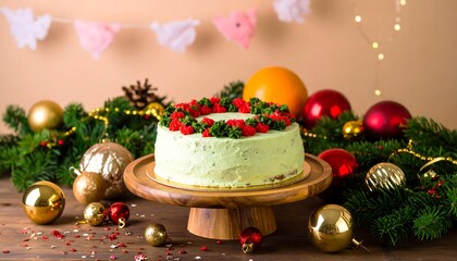 Festive, light green frosted cake adorned with a red and green wreath, displayed on a wooden cake stand amongst Christmas ornaments