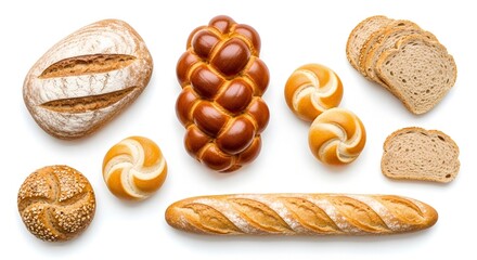 A diverse assortment of freshly baked bread, rolls, and baguettes on a white background.