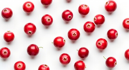 Fresh red cranberries scattered evenly on a clean white background, viewed from above.