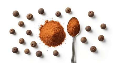 Overhead view of whole allspice berries surrounding a pile of ground allspice powder with a spoon on a white background.