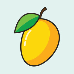 Vibrant cartoon mango illustration with a leaf, on a light blue background
