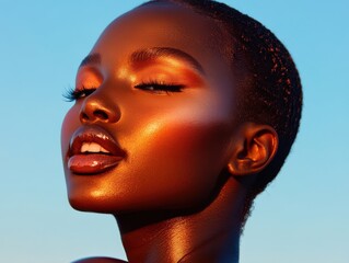Stunning Portrait of a Confident Woman with Glowing Skin and Bold Makeup Against a Bright Blue Sky