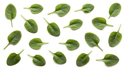 Fresh green baby spinach leaves scattered on a clean white background, showcasing their vibrant color and natural texture.