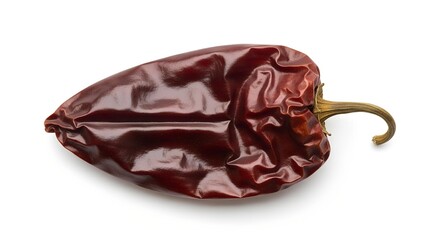 Single dried dark red chili pepper with stem on a white background, viewed from above.