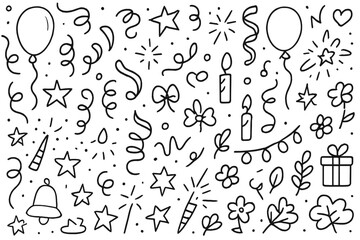 Naklejka premium Festive Doodle Pattern. Hand-drawn doodle illustration festive pattern stars, confetti, balloons, ribbons, fireworks, sparkles,