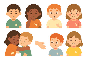 Emotional Kid Icons. Flat vector mini-illustrations torn clothes emotions in colors children's illustrations: sad child, worried