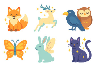 Enchanted Animal Icons. Flat vector mini-illustrations enchanted animals in colors children's illustrations: magical fox, glowing