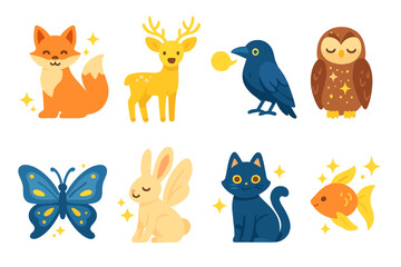 Enchanted Animal Icons. Flat vector mini-illustrations enchanted animals in colors children's illustrations: magical fox, glowing