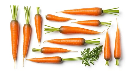Fresh orange carrots with vibrant green tops arranged neatly on a clean white background, showcasing their natural texture and color.