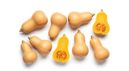 Top-down view of multiple whole and halved butternut squashes arranged on a clean white background.