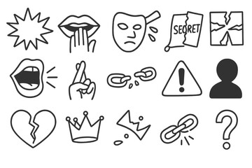 Obraz premium Explosive Secrets Icons. Hand-drawn doodle illustration explosive secrets explosion icon, whispering lips, broken mask, spilled