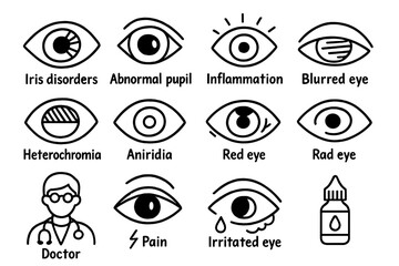 Obraz premium Eye Disorder Icons. Hand-drawn doodle illustration iris disorders iris, abnormal pupil, inflammation icon, blurred eye,