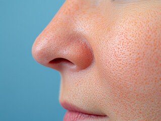 Close-up View of Human Skin Texture Highlighting Pores and Natural Features Against a Soft Blue Background