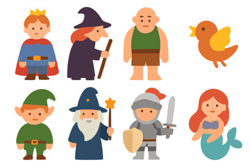 Fairy Tale Characters Grid. Flat vector mini-illustrations fairy tale characters in colors children's illustrations: prince, witch