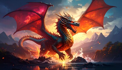 Dragon soaring over a fiery landscape