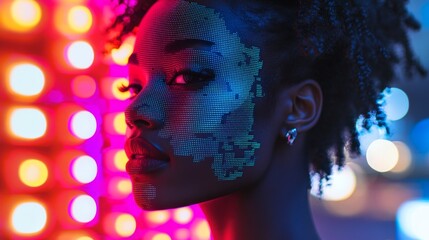 A captivating portrait featuring vibrant colors and geometric patterns. Explore the balance between technology and art. Experience a unique perspective. Generative AI
