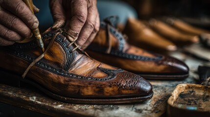 Master Craftsman Creating Bespoke Leather Shoes Artisanal Detail, Perfect for HighEnd Fashion and Luxury Branding, Evoking a Sense of Timeless Elegance.