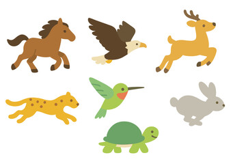 Fototapeta premium Fast Animals Icons. Flat vector mini-illustrations fast animals in colors children's illustrations: galloping horse, flying eagle,
