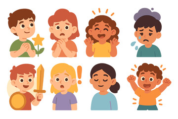 Colorful Emotion Icons. Flat vector mini-illustrations fate and emotions in colors children's illustrations: hope, fear, joy,